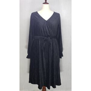 Polagram Black Velour Midi Dress L – Belted, Pockets, Modest Fit & Flare